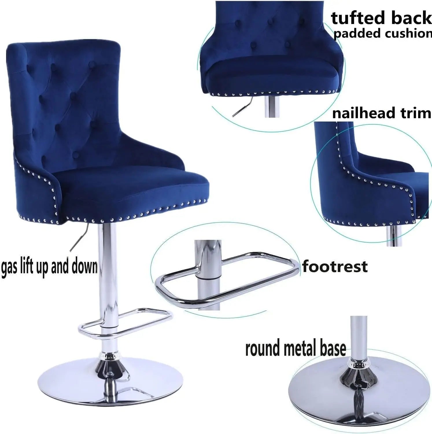 Modern Velvet Bar Stools with Back – Set of 2 Adjustable Swivel Counter Stools (Blue)