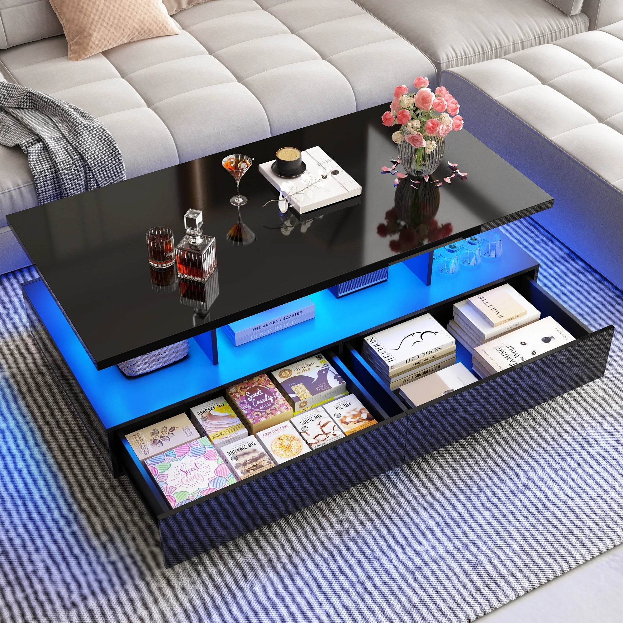 43” LED Coffee Table – Modern High-Gloss Rectangular Center Table with 2 Drawers & Display Shelf