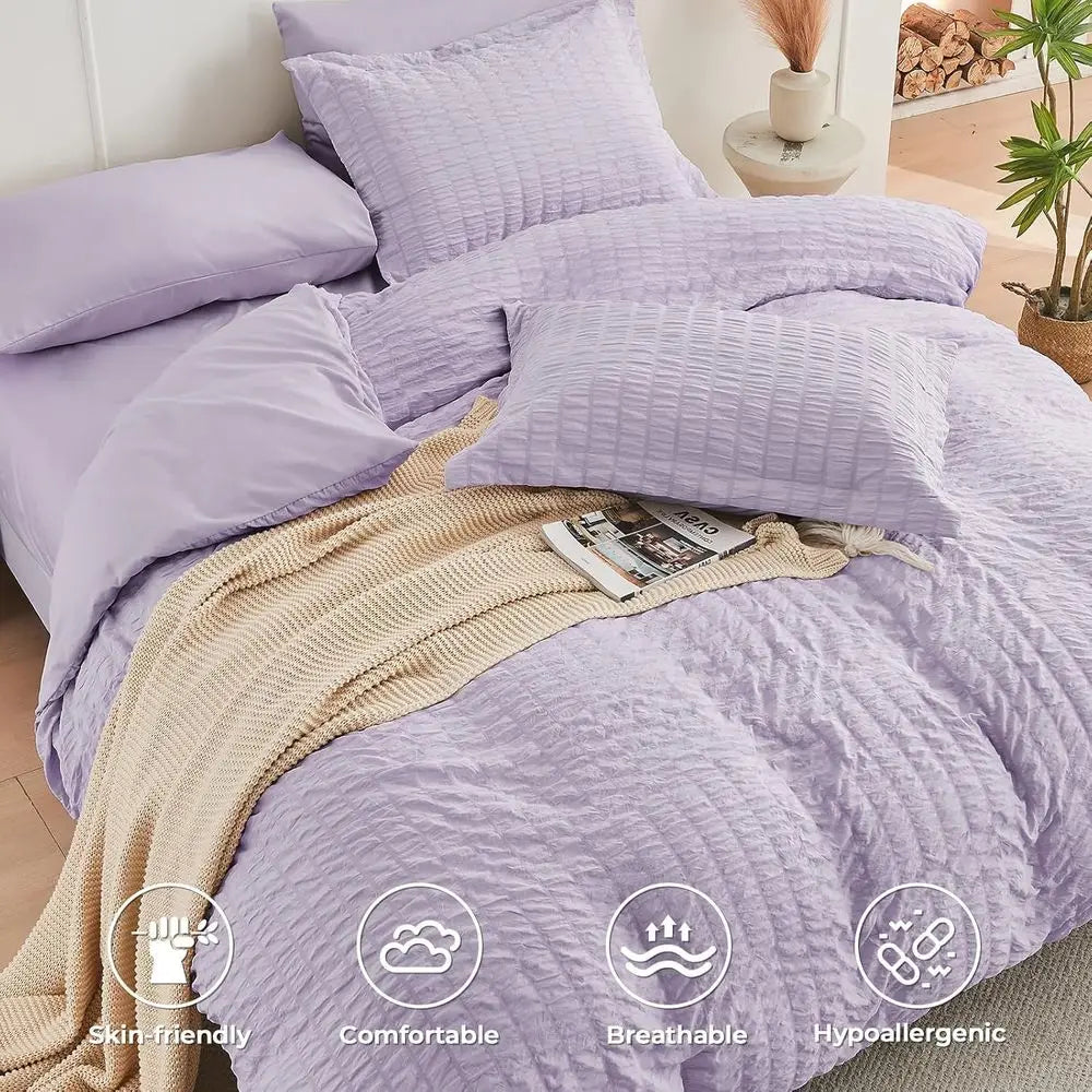 7-Piece King Lavender Seersucker Comforter Set: All-Season Luxury Bedding with Sheets, Pillowcases & Shams