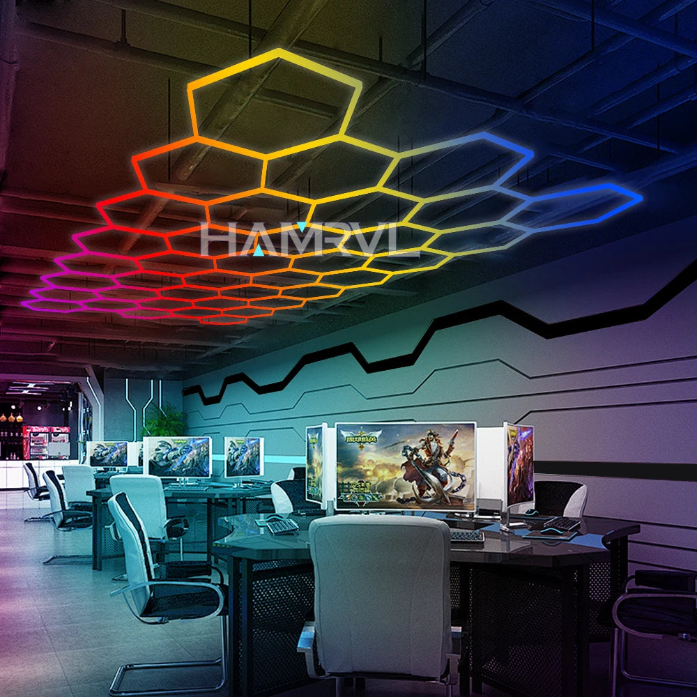 RGB Hexagon LED Garage Light - Hexagon panel light with multi changing music synchronization suitable for gym gaming room party