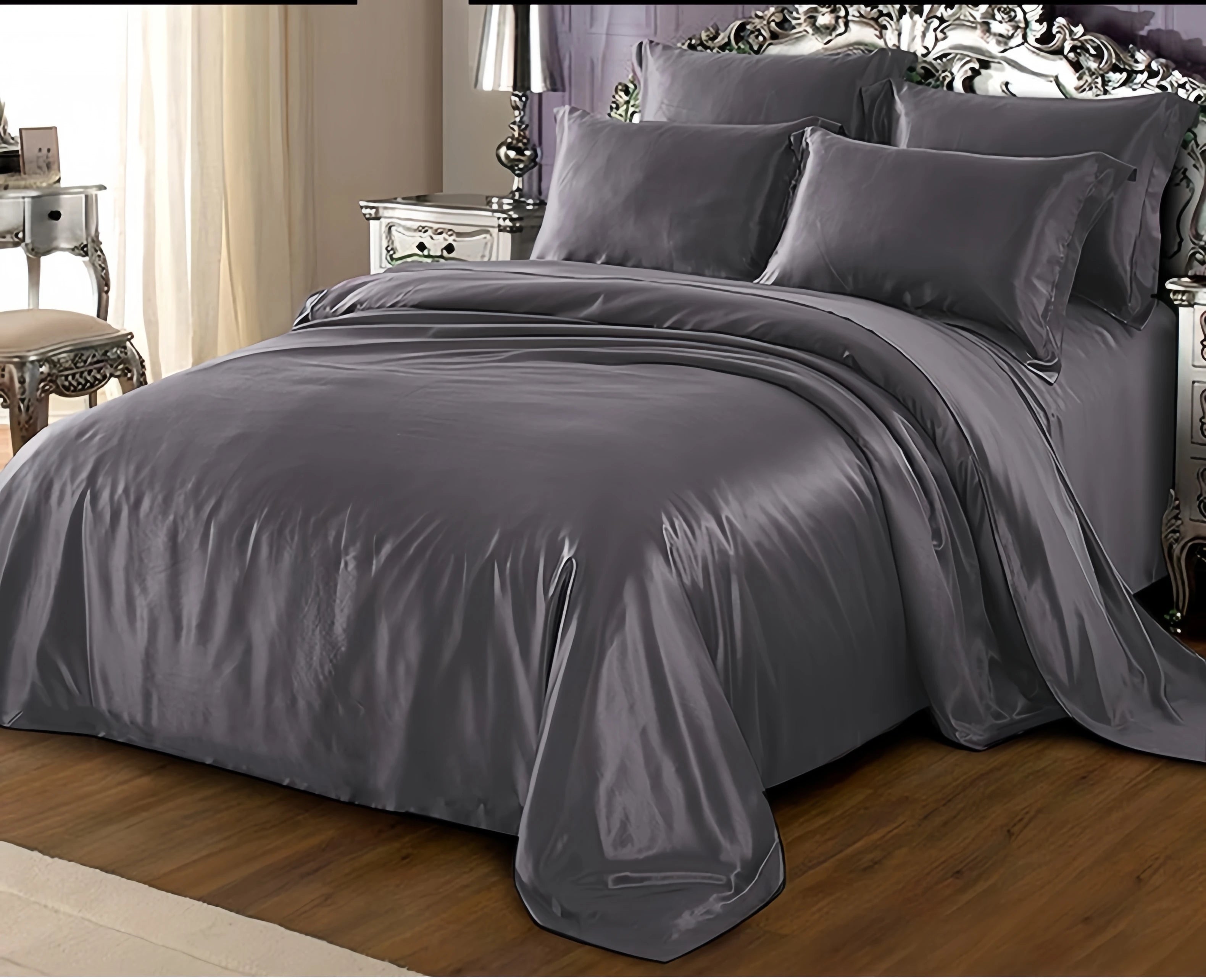 Bed Sheet Set,  22 Mm,  100% Mulberry Silk , Seamless,  Dark Blue  Silvery Colors, Fitted Sheet, Duvet Cover,All Size, Customize