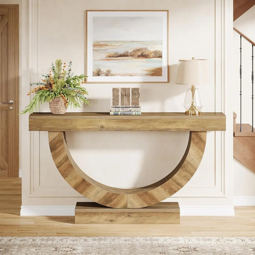 59" Long Console Table, Farmhouse Entryway Table with Half-Circle Base, Narrow Wooden Entryway Furniture for Living Room, Hallw