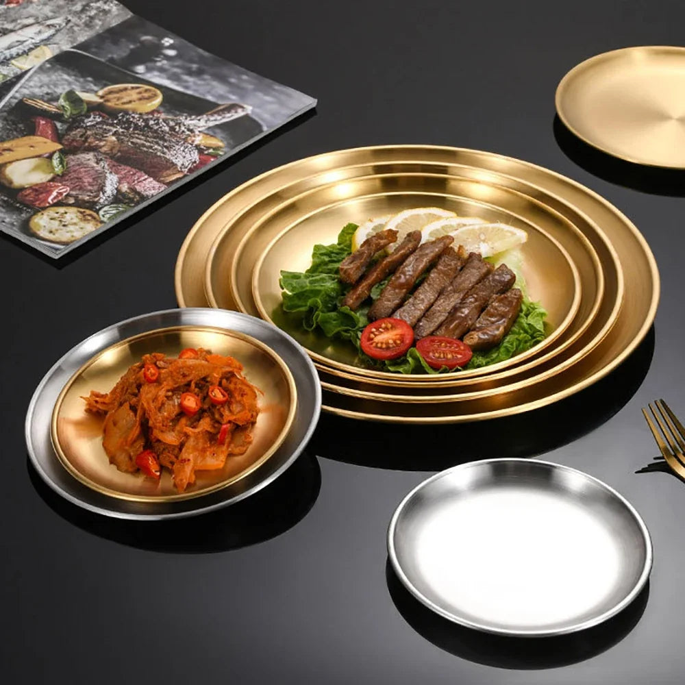 Gold Stainless Steel Round Plate – Rust-Proof Shallow Tray for Dining & Outdoor Use