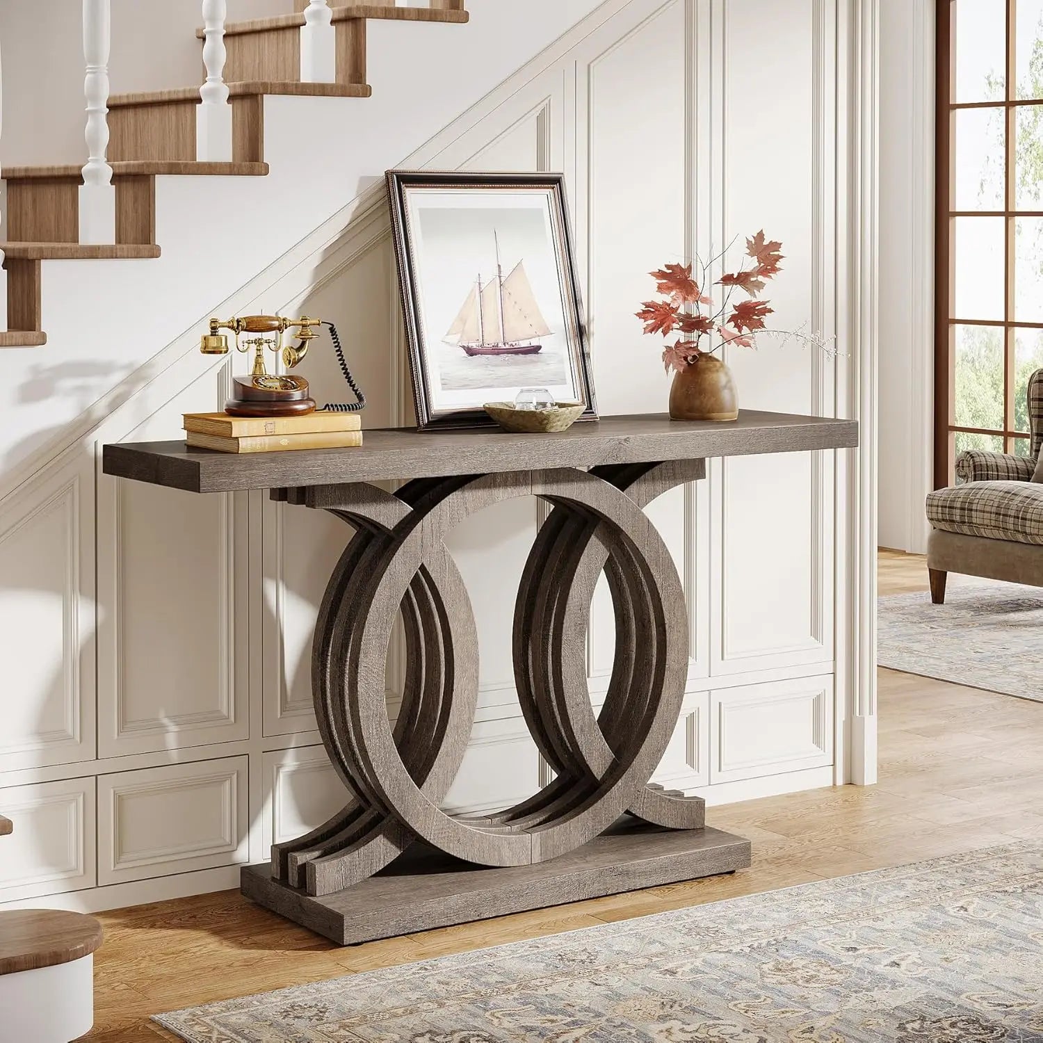 55-Inch Console Table with Geometric Wood Base,Modern Entryway Table with Thick Tabletop for Living Room, Hallway, Foyer (Gray)