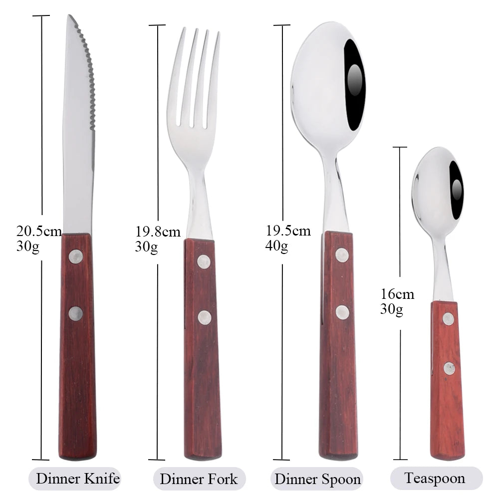 6/24Pcs 304 Stainless Stee Cutlery Set Luxury Wooden Handle Dinnerware Flatware Set Kitchen Western Knife Spoon Fork Tableware