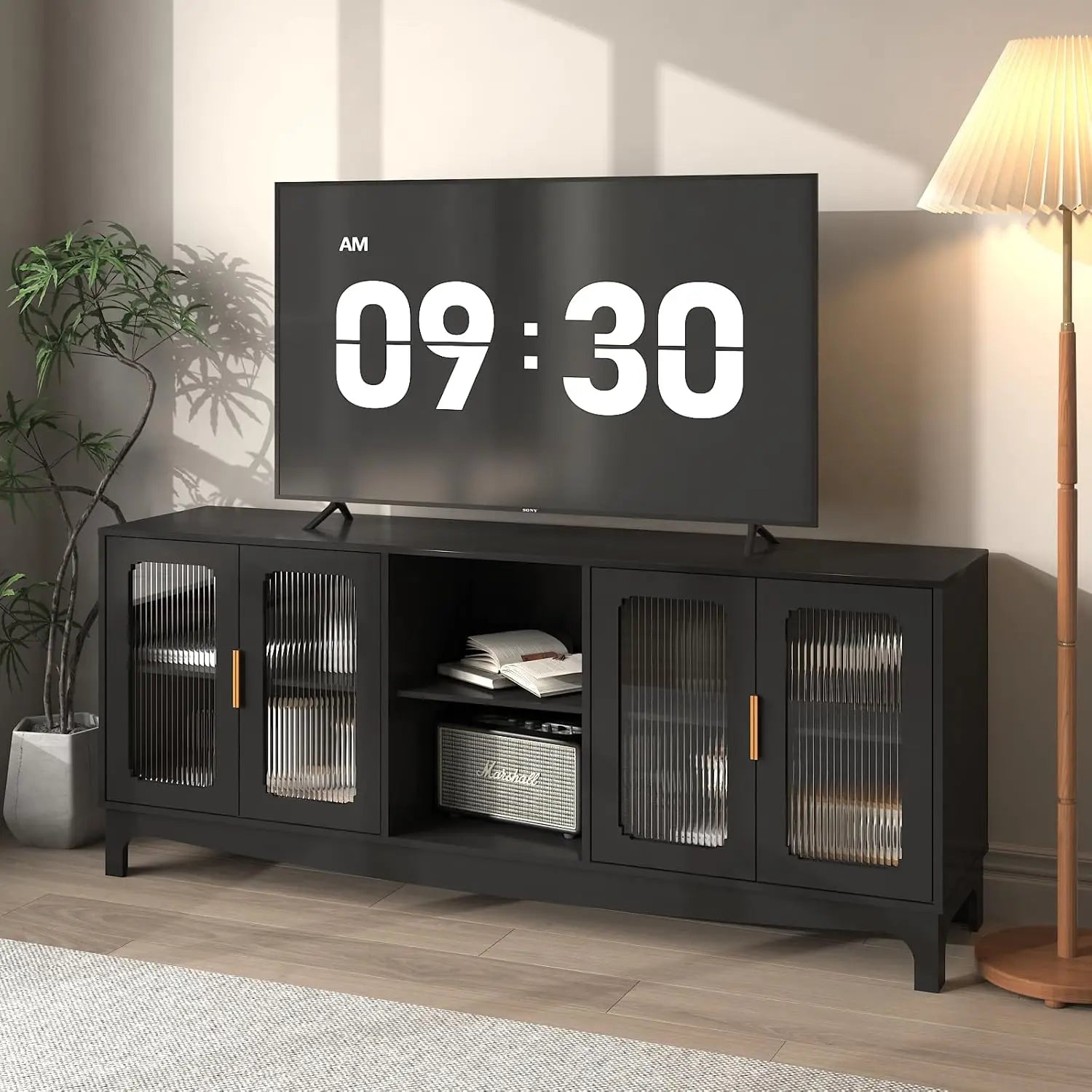 65 Inch Green TV Stand for TVs up to 70+ inch, Mid Century Modern Glass Door TV Console Table,Entertainment Center with Storage