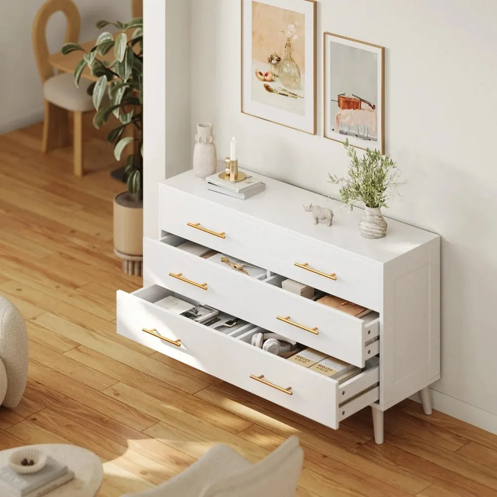 6 Drawer Dresser, Gold Metal Handle, Double Layer Wooden Storage Cabinet for Bedroom Living Room, White