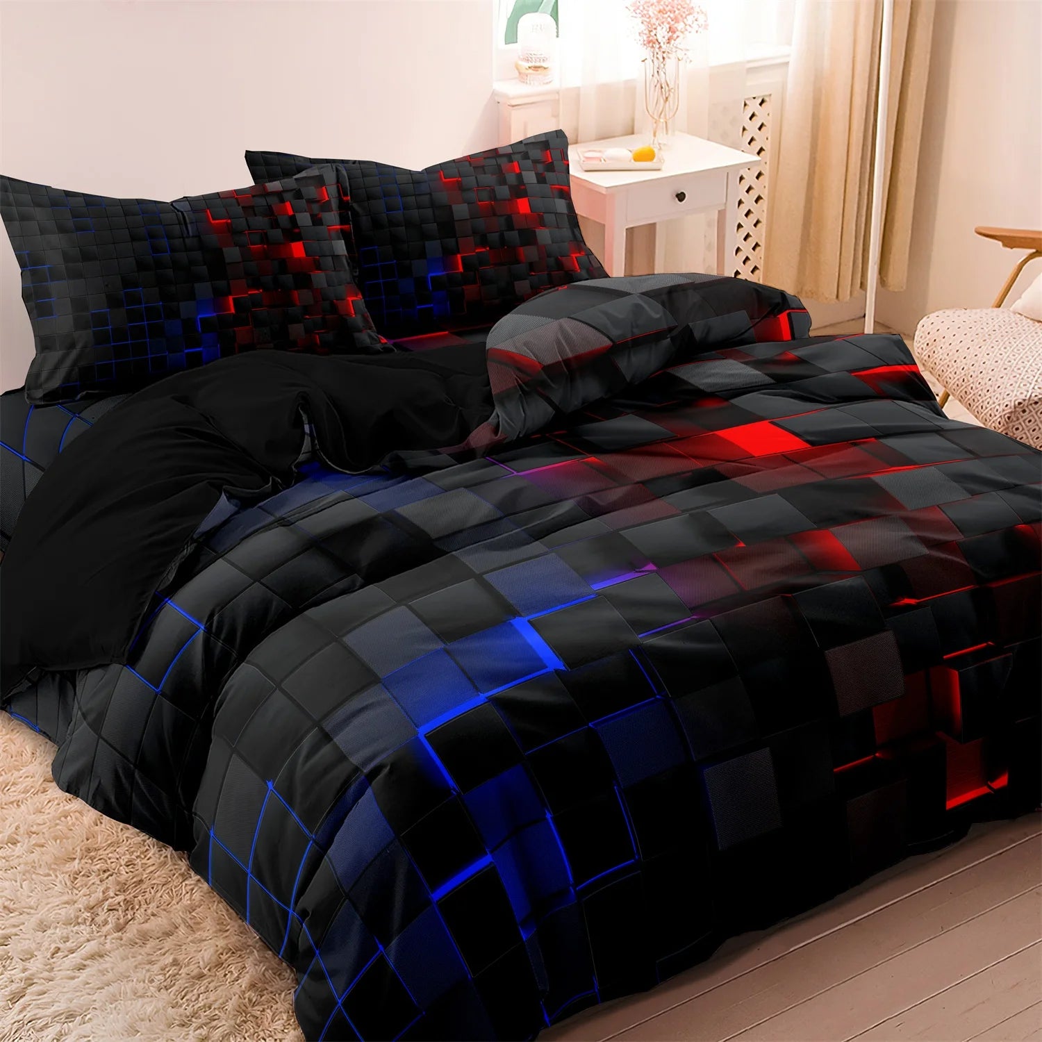 3pcs 3D Digital Print Energy Block Geometric Cube Modern Grid Plaid Checked Bedding Set  Includes 1*Duvet Cover & 2*Pillowcases