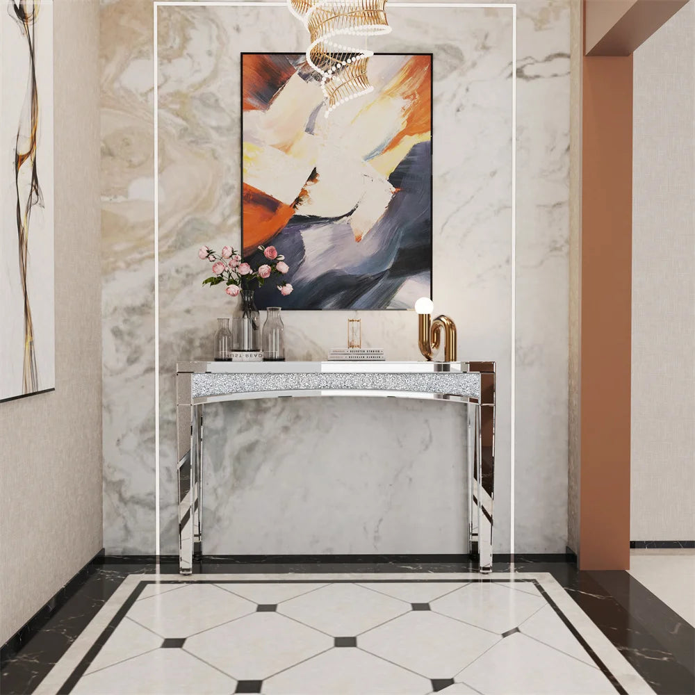 Silvered Mirrored Console Table Sparkle Crush Diamonds Entryway Table Sofa Behind Furniture