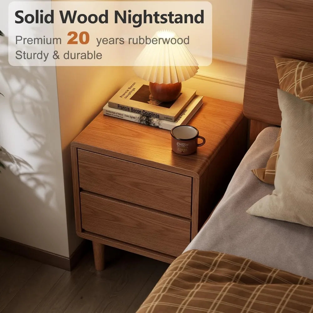 Solid Wood Nightstand, Walnut Nightstand with Drawers Mid Century Modern Night Stand,Wood Night Stands,Small Bedside Table for B