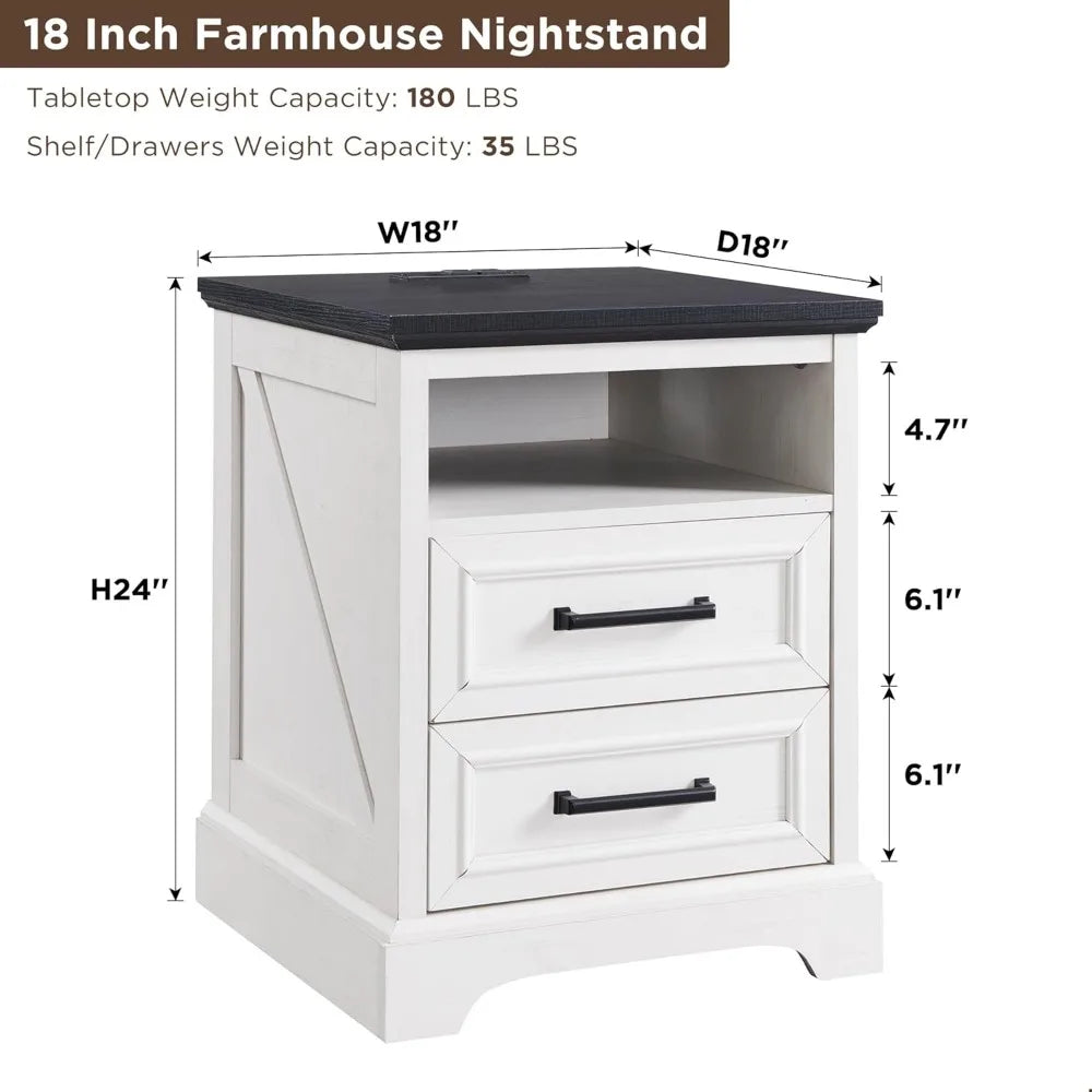 Farmhouse Nightstand with Charging Station, 2 Drawers Storage, Side Table for Bedroom Living Room in White