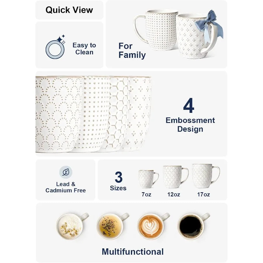 12 oz 10 oz Practical Ceramic Mug Set of 4 with Compact Embossment Design Ideal for Espresso Latte Tea Cocoa Cappuccino Mocha P