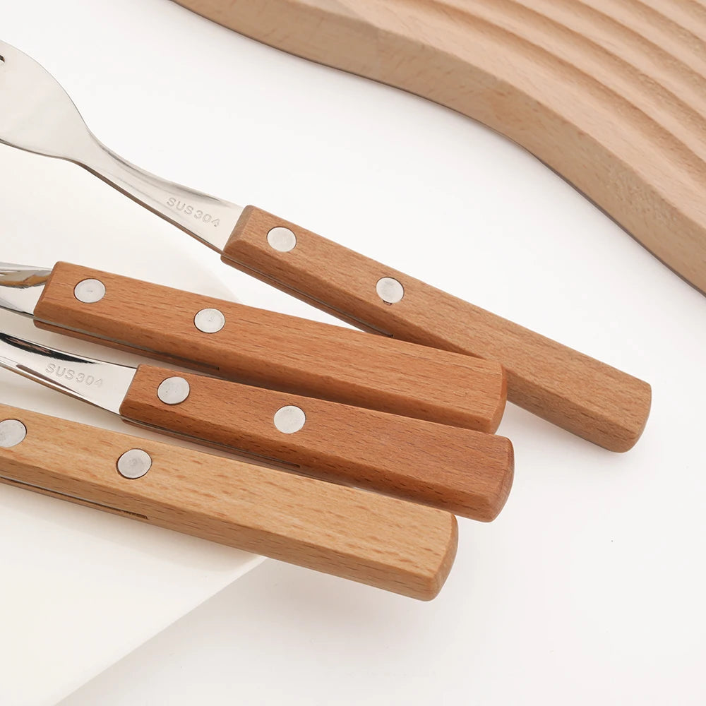 6/24Pcs 304 Stainless Stee Cutlery Set Luxury Wooden Handle Dinnerware Flatware Set Kitchen Western Knife Spoon Fork Tableware