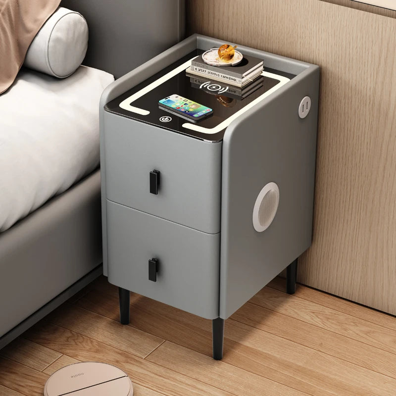 Ultra Narrow Smart Nightstand Luxury Bedside Table Minimalist Solid Wood Storage Cabinet Compact Bedroom Organizer with Charging