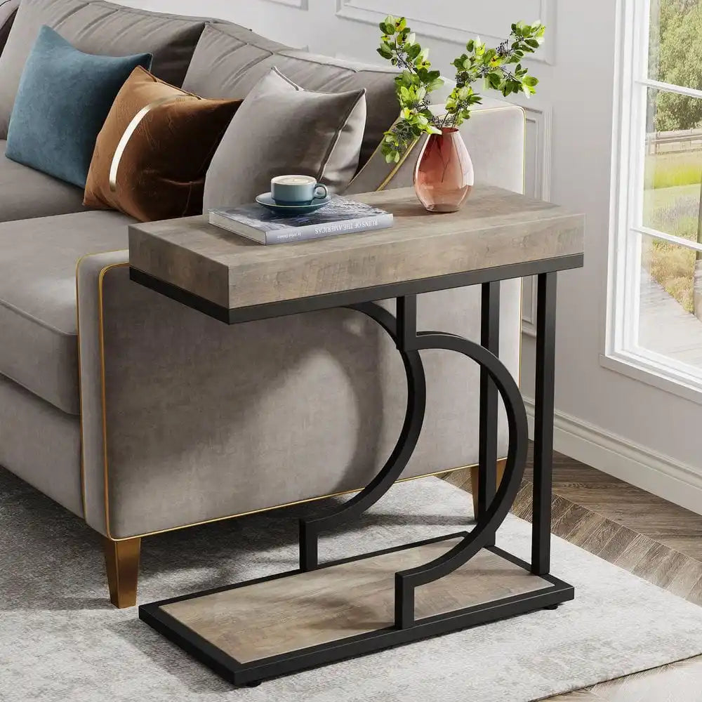 23.6 in. 1 PCS Gray C Shaped Rectangle Wood Narrow Side Table Modern End Side Table with 2-Shelf