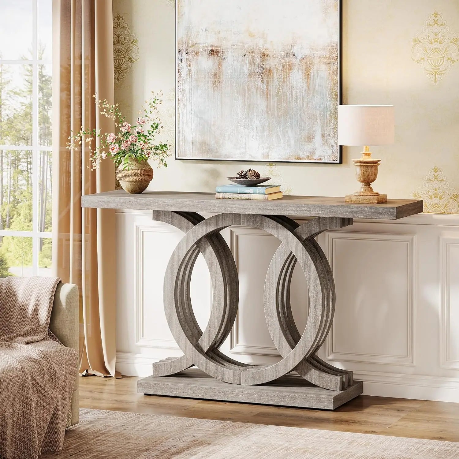 55-Inch Console Table with Geometric Wood Base,Modern Entryway Table with Thick Tabletop for Living Room, Hallway, Foyer (Gray)