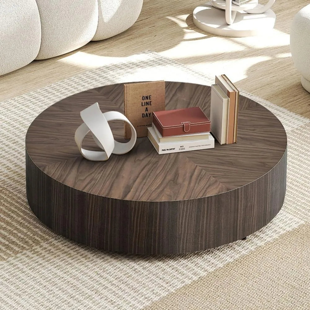 35.43” Round Modern Drum Coffee Table – MDF Wood Center Table for Living Room & Office