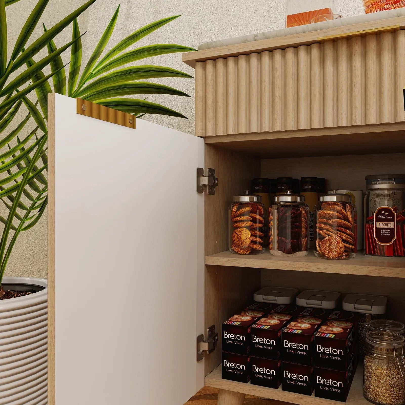 Large Coffee Bar Fluted Sideboard Buffet Cabinet Storage 2 Drawers Large Sideboard Cabinet Storages Geometric Pattern Furniture