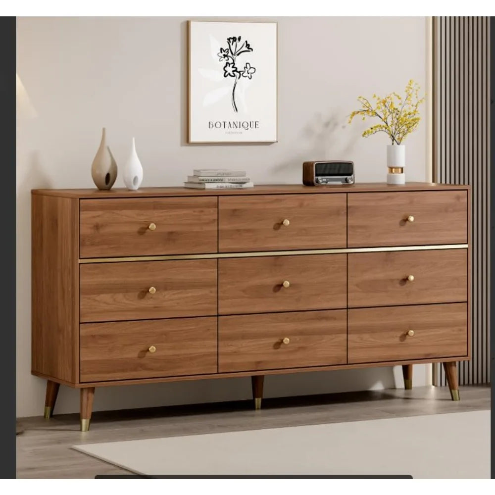 Drawer Dresser, Wide Mid Century Modern Chest of Drawers, Wooden Bedroom Drawer Dresser with 9 Storage Drawers for Bedroom, L