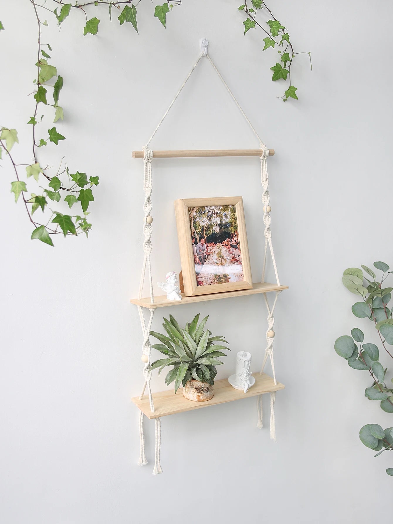 Wooden Wall Shelf Macrame Display Stand Boho Art Home Decoration Floating Shelf Nordic Wall Decor Living Room Nursery Aesthetics