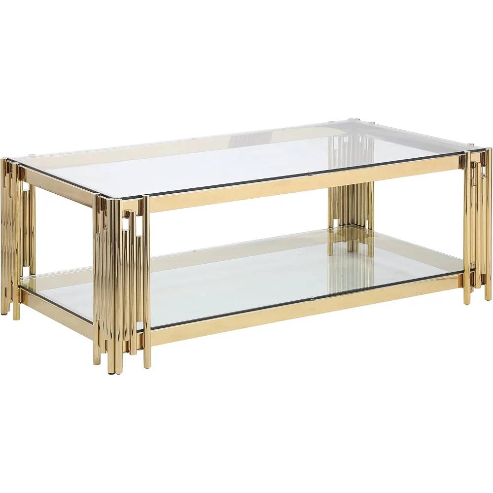 48” Gold & Glass Rectangular Coffee Table – Modern Center Table with Stainless Steel Legs