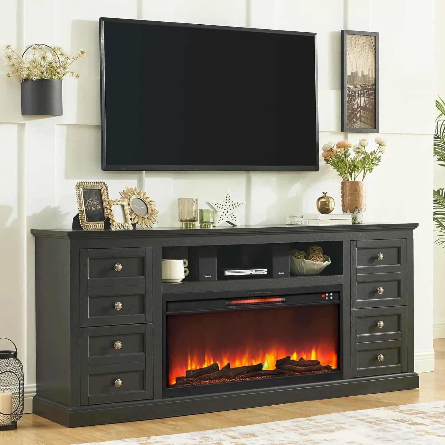 70" Fireplace TV Stand for 80" TVs | 36" Electric Fireplace Console w/ Drawer Storage | Media Center for Living/Bedroom