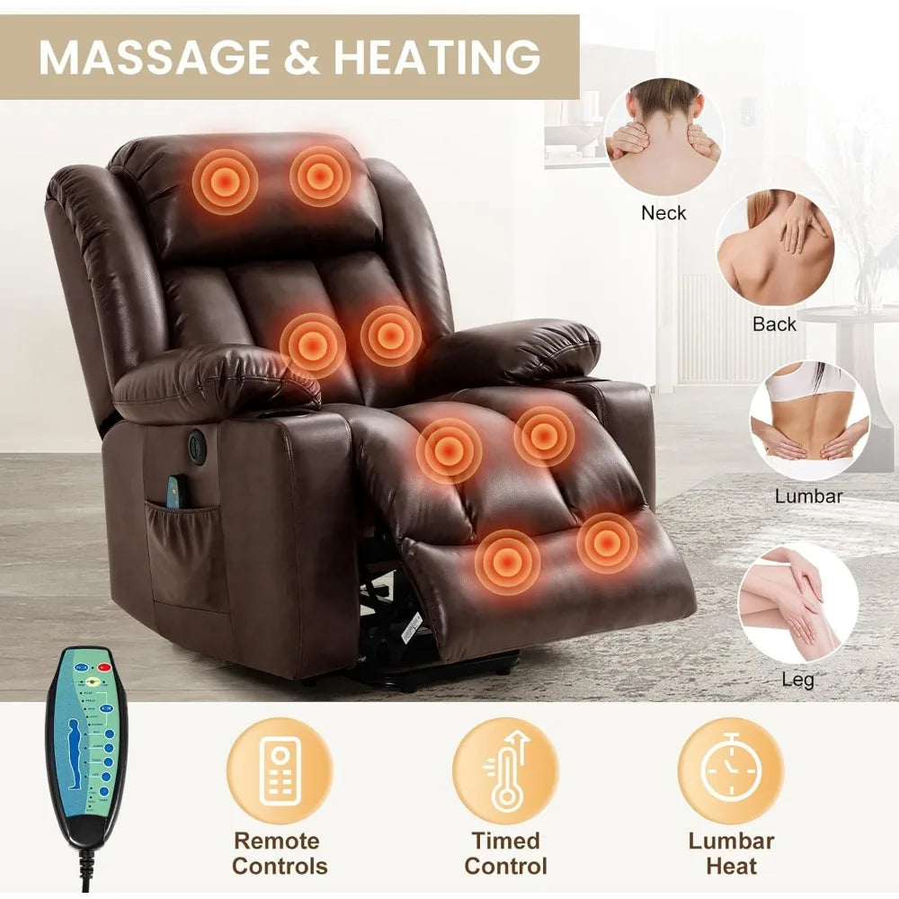 Power Lift Recliner Chair for Elderly with Massage and Heat, Breathable Leather Recliner Chair for Adults, 2 Cup Holder,USBPorts