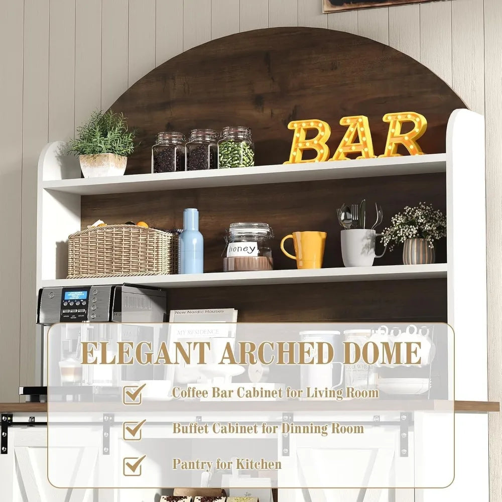 Farmhouse Coffee Bar Cabinet – 67″ Hutch with 3-Tier Storage & Sliding Barn Doors
