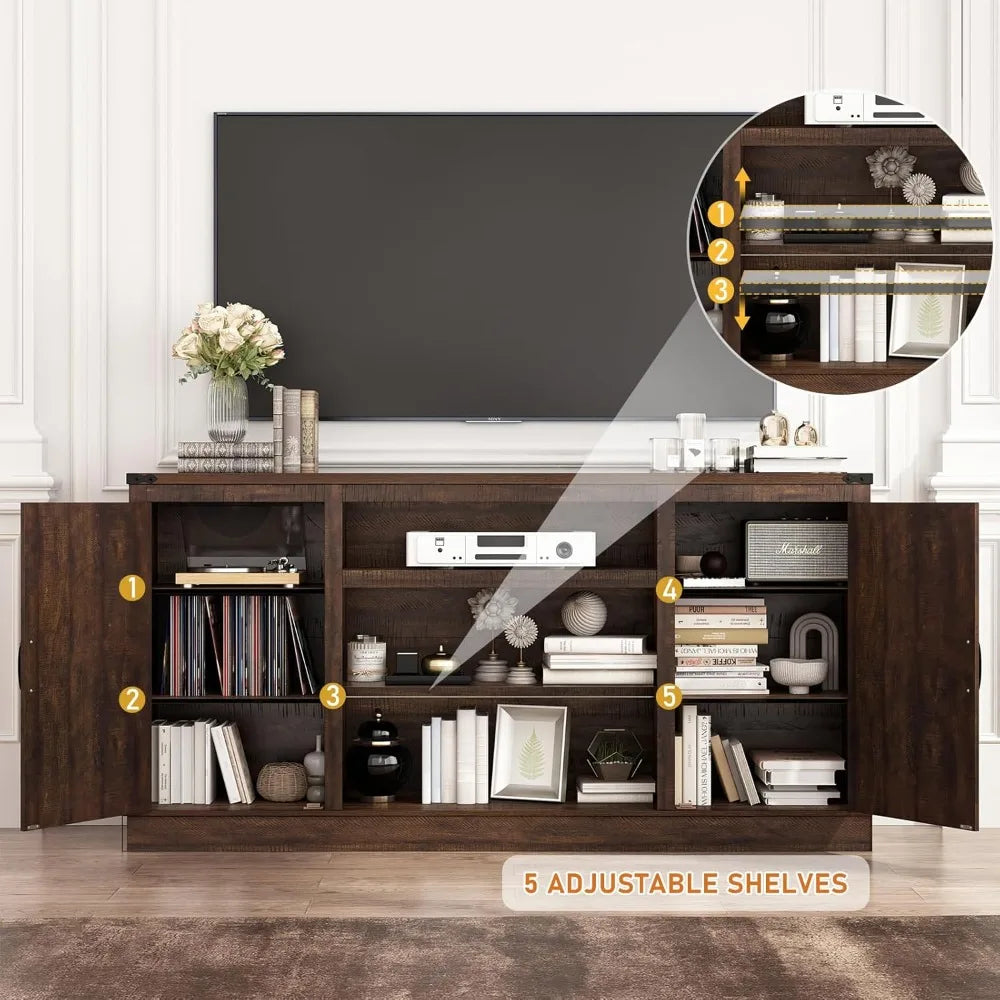 66 Inch Farmhouse TV Stand with Power Outlets for 75 Inch TVs 33 Tall Entertainment Center with Storage Cabinets Adjustable Shel