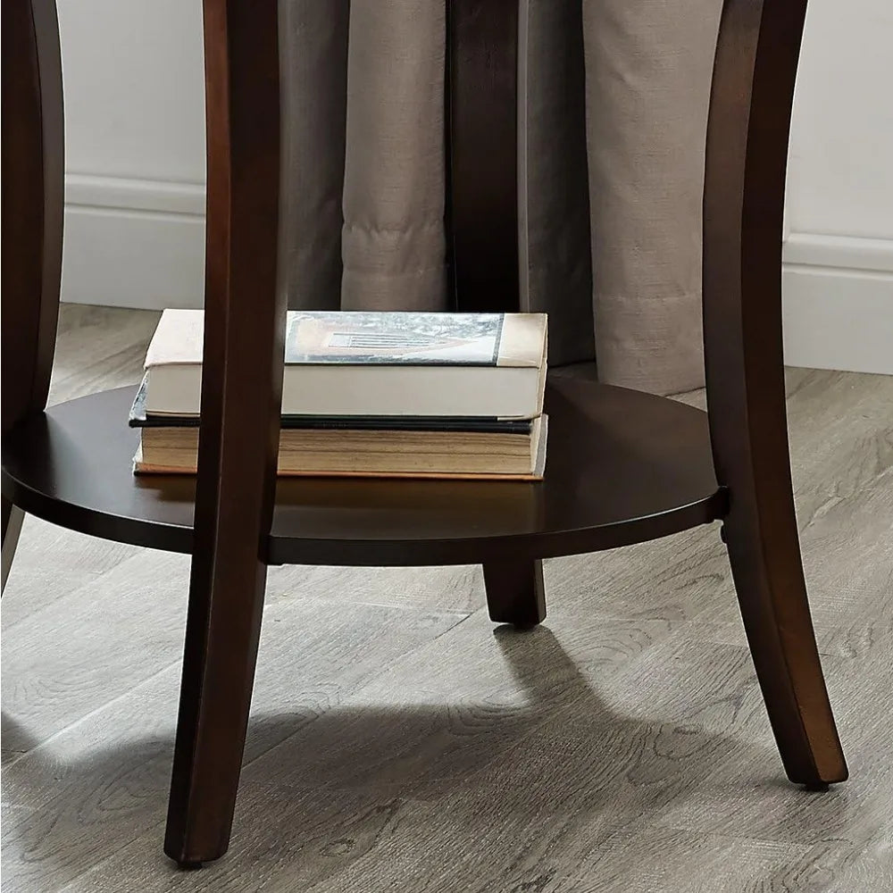 Contemporary Espresso-Finished Round End Table with Lower Shelf
