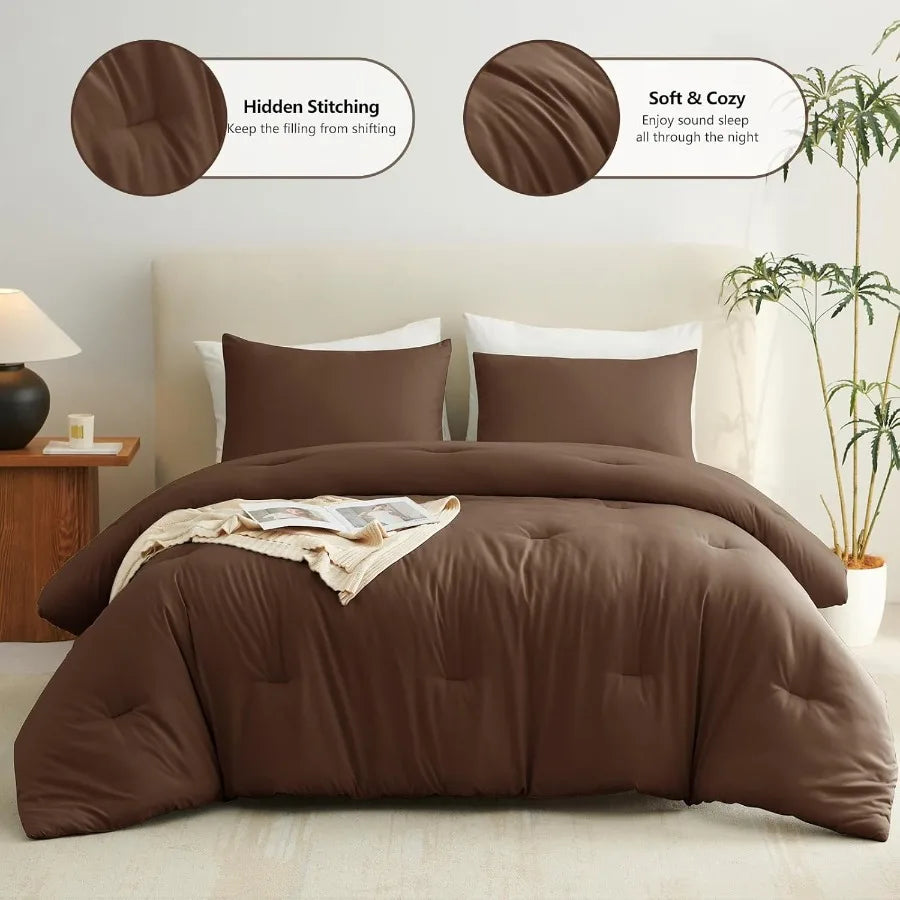 King Size Comforter Set Brown 3 Pieces Solid Comforters King Size Breathable Quilted Style Bedding Set Luxury Soft Bed Set with