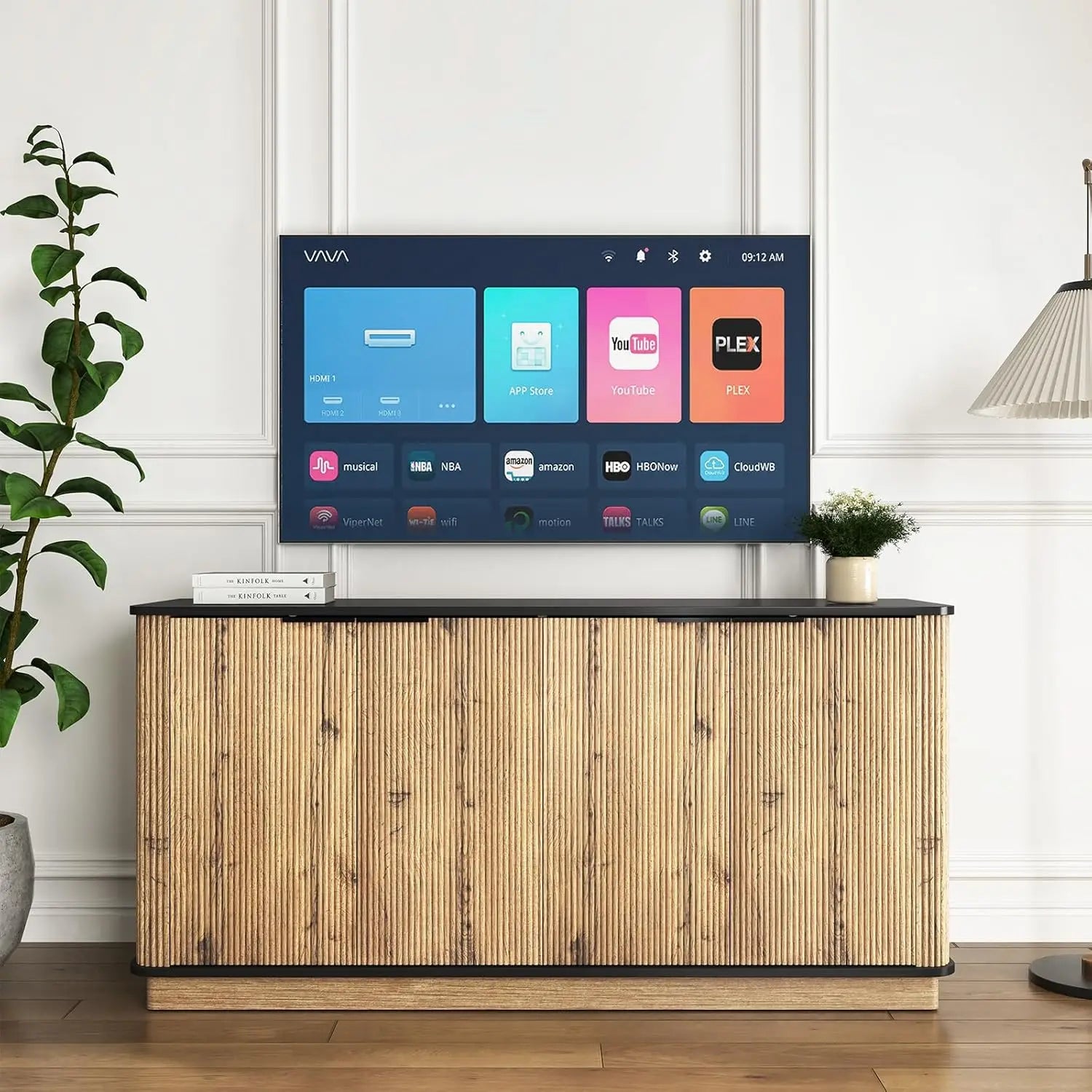 Sideboard Buffet Cabinet with Storage,59'' Walnut Fluted Kitchen Storage Buffet Cabinet with 4 Doors,TV Stand Accent Sideboard