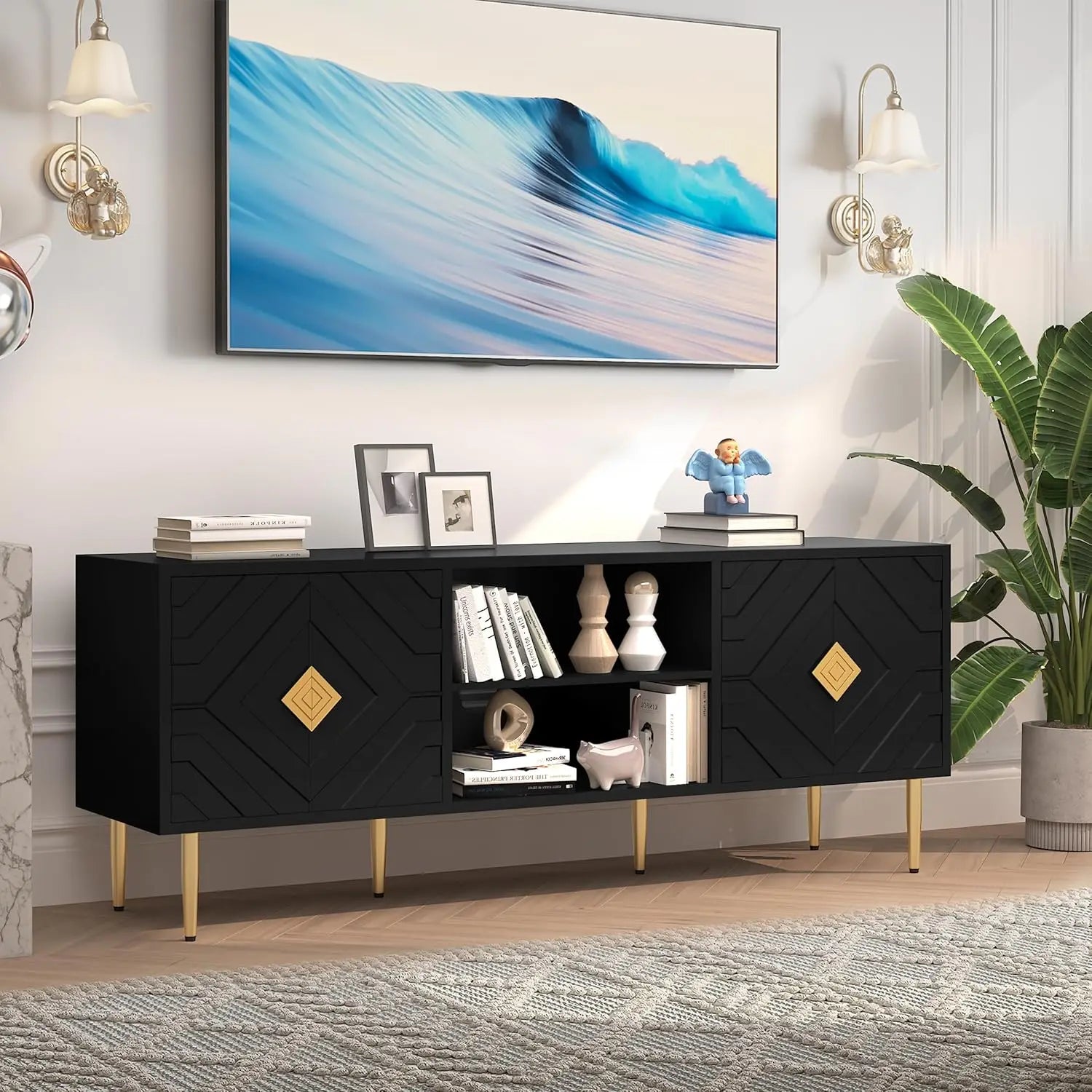 63'' White TV Stand for 65/70/75 inch TV, Entertainment Center with Storage Cabinets and Embossed Pattern Doors, Mid Century Mod