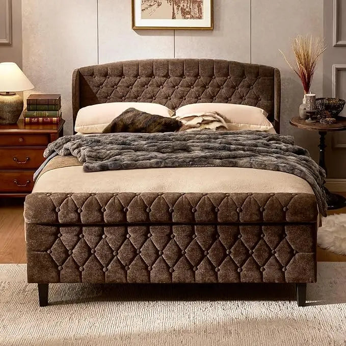 Queen Size Sleigh Bed Frame – Chenille Upholstered Wingback Headboard with Button-Tufted Scroll Footboard