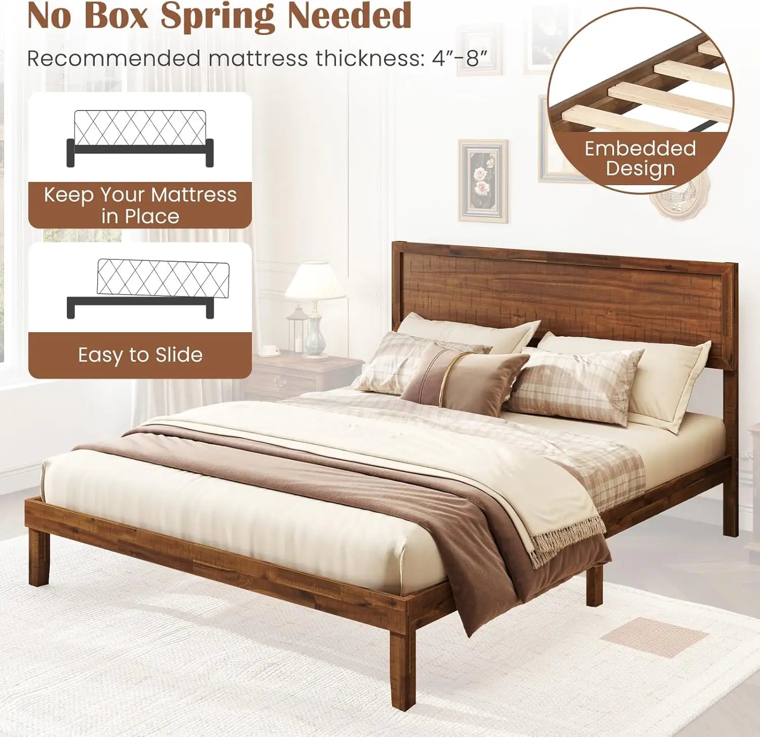 Wood Queen Size Platform Bed Frame – Mid-Century Modern with Headboard & Solid Wood Legs