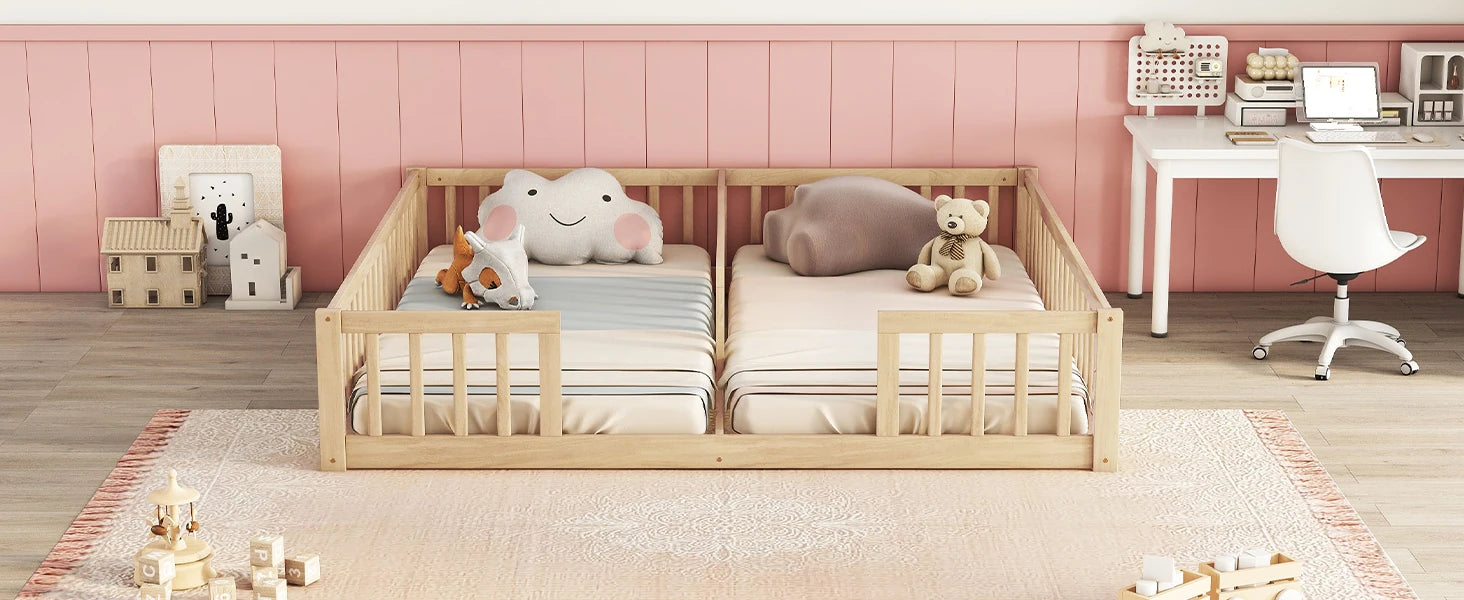 Double Twin Floor Bed with Fence & Guardrails – Doorless Design