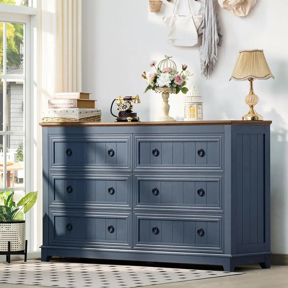 Farmhouse Style 54 Wide 6-Drawer Wood Dresser, Vintage Navy Blue Storage Chest for Bedroom, Living Room, and Hallway