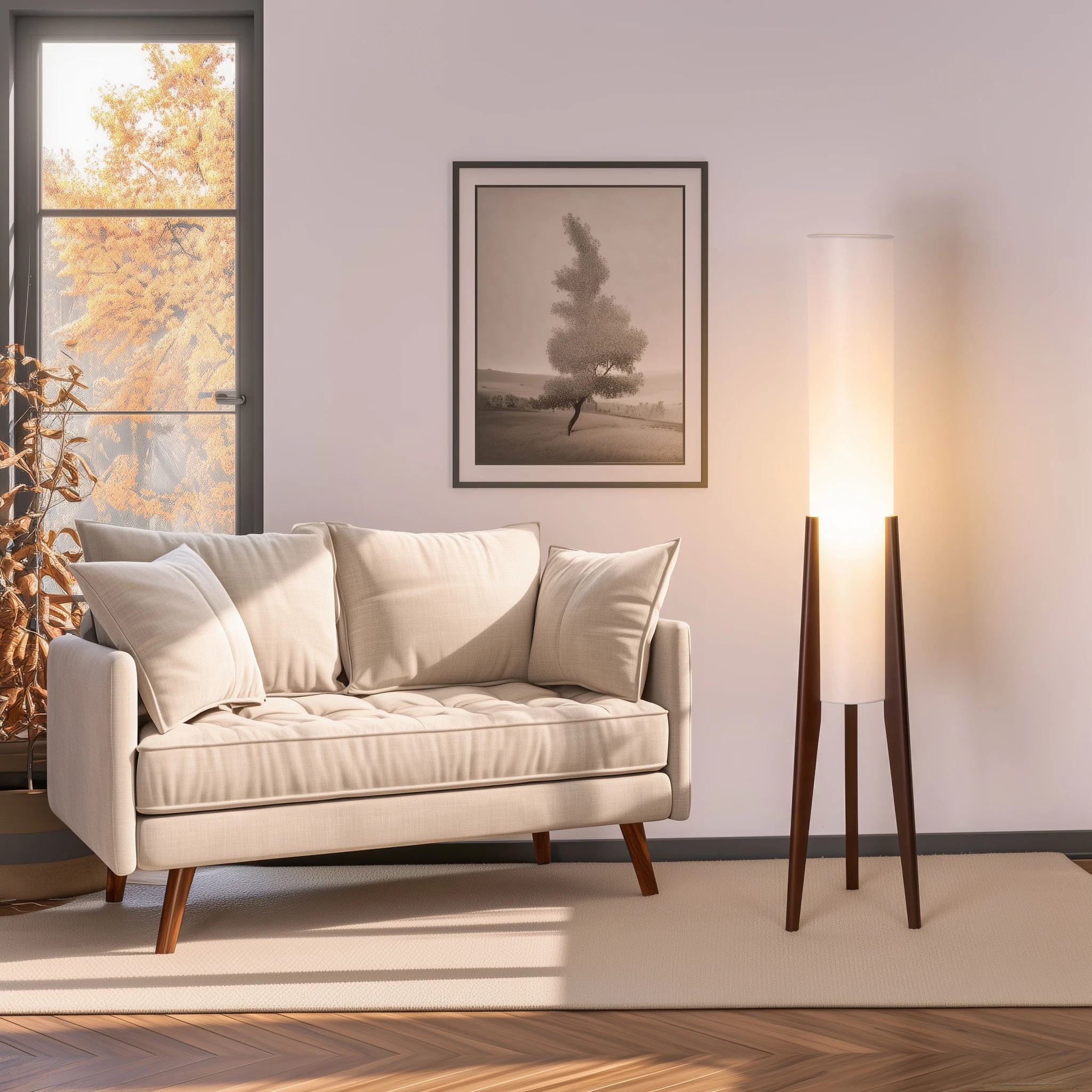 Fabric Floor Lamp Wood Finish Tripod, Cylinder Shade Tall Standing Lamp, Rustic Living Room Floor Lamp, Vintage Style Standing L