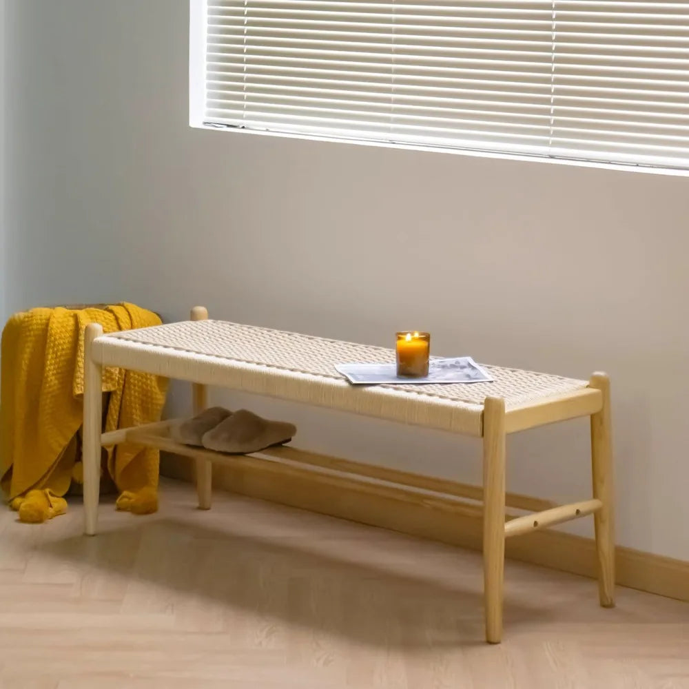 Solid Wood Entryway Bench – Rustic Oak Shoe Storage with Woven Design