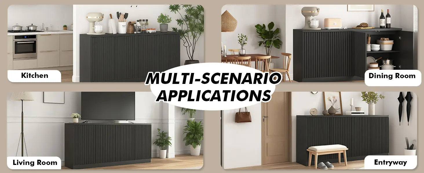 63‘’Fluted Sideboard with Storage 4 Doors & Adjustable Shelves Buffet Cabinet Large Modern Credenza Accent Console Cabinets