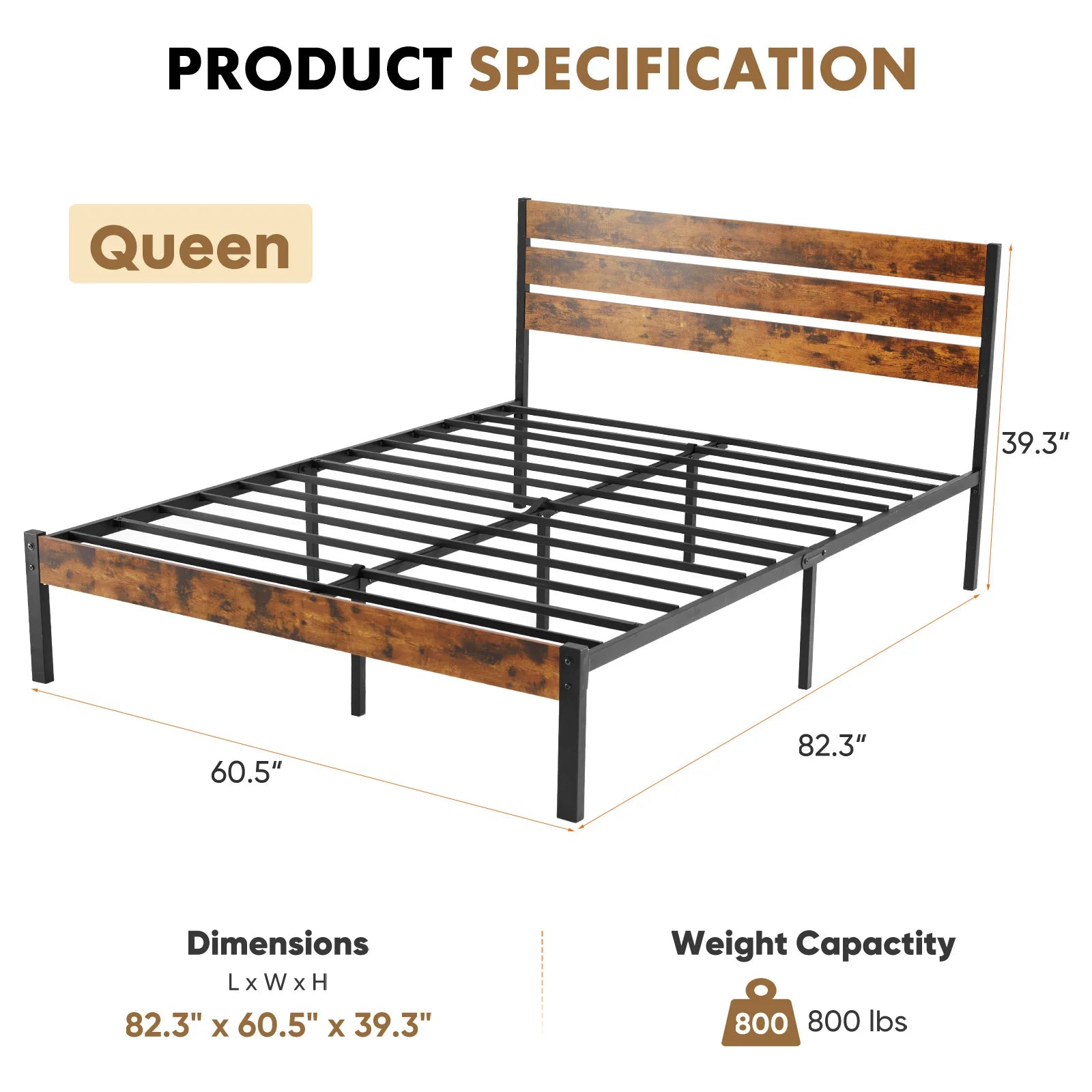 Metal Platform Bed Frame with Headboard & Footboard – Twin / Queen Size (800 lb Support)