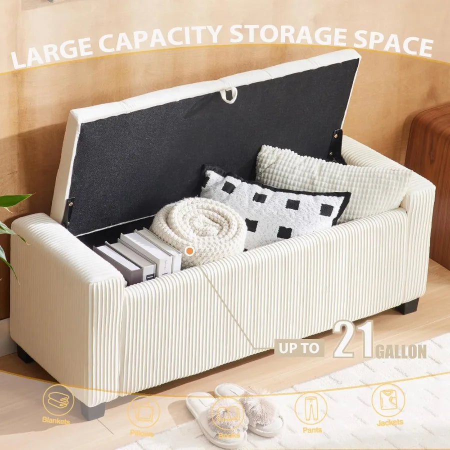 Upholstered Fabric Storage Ottoman Bench – Rectangular End-of-Bed Seat