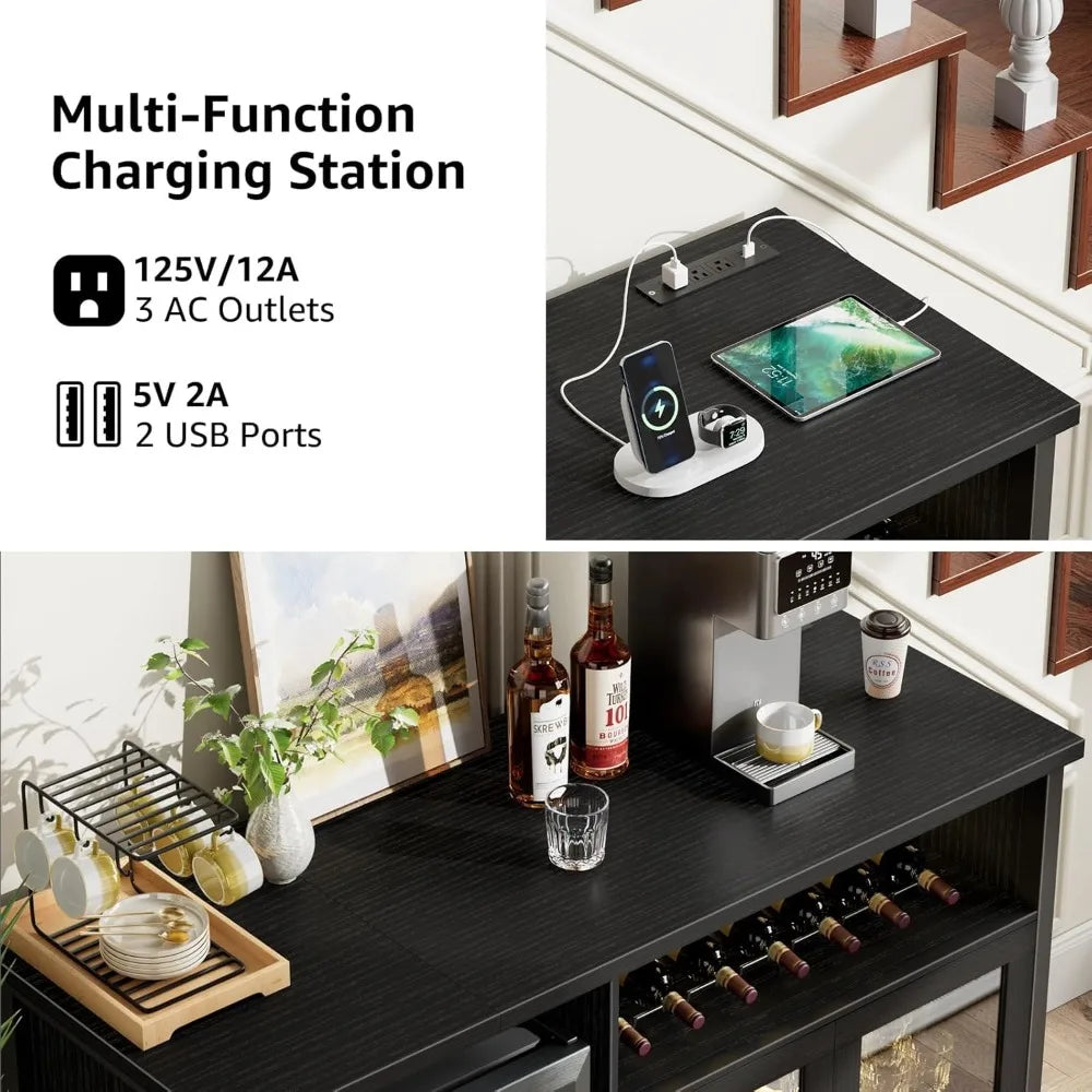 Wine Bar Cabinet with Mini Fridge Space – Black Coffee & Liquor Cabinet Sideboard