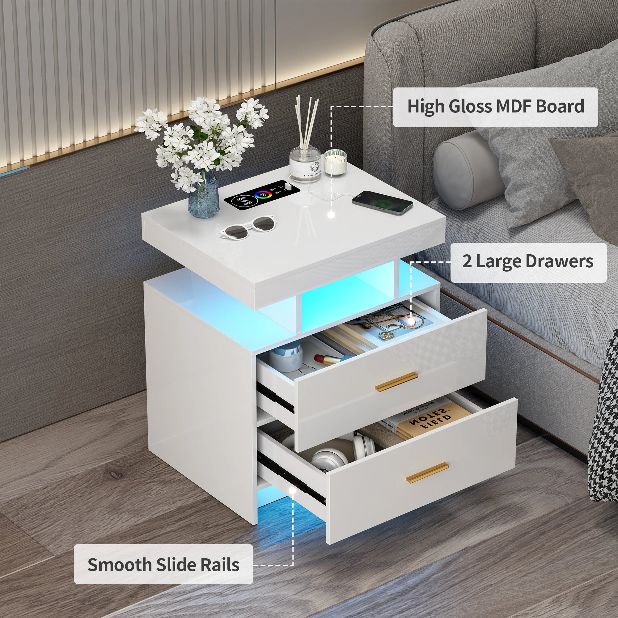 JDPAG LED Nightstand, RGB Black Night Stand with USB/Wireless Charging Station, Modern Bedside Table has Auto Sensor RGB Lights