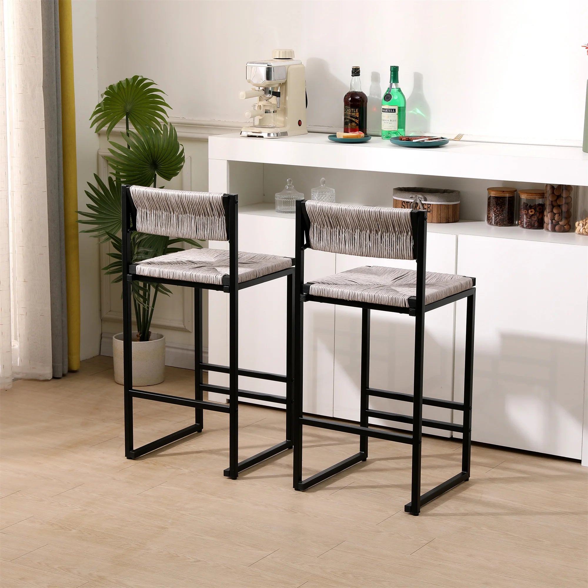 2pcs High Bar Stools Chairs Paper Rope Woven Barstools 220lbs Max Weighing Capacity for Kitchen Dining Room Coffee Shop