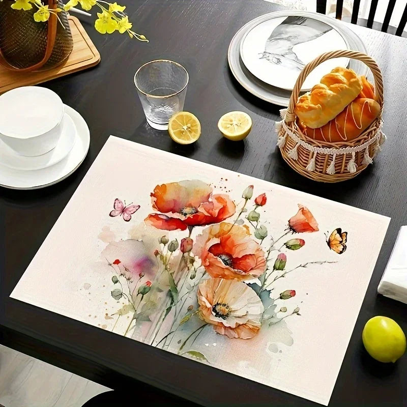 4pcs Spring Summer Placemats Spring Floral Watercolor Multicolor Placemats Decorative Linen Fabric Table Mat Dining Table Decor