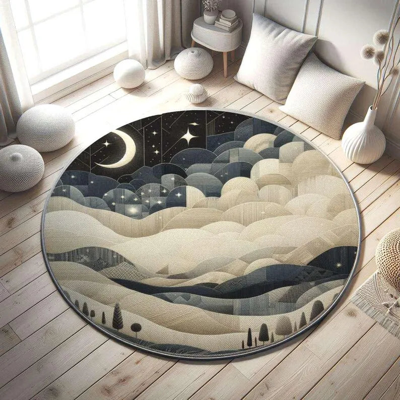 Romantic Couple Round Rug Day Night Design Visual 3D Pattern Night Sky Carpet Starry Moon Night Sky Carpet Home Decoration