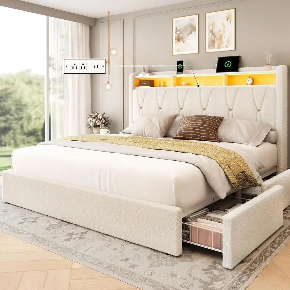 King Size Upholstered Bed Frame with 4 Storage Drawers – Bouclé Headboard, LED Lights & Charging Station