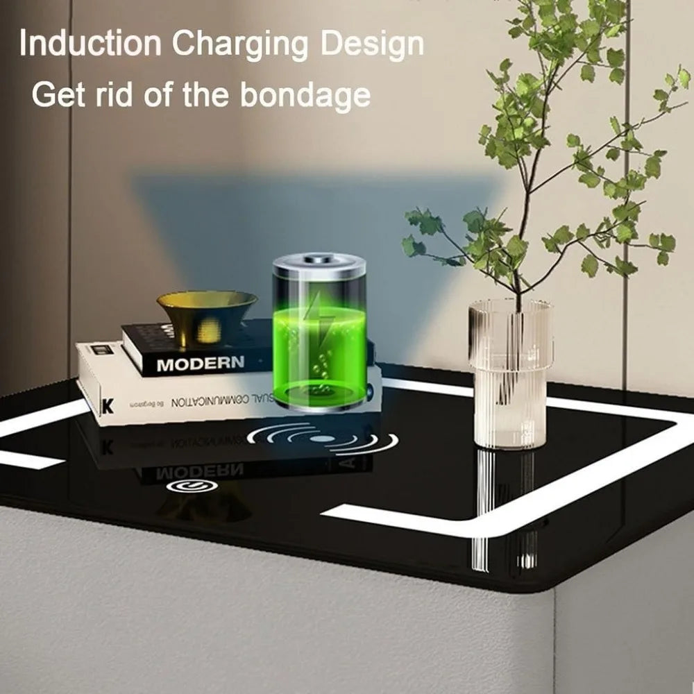 Smart Nightstand with LED Light and Wireless Charging, Adjustable and Sensor-Activated Bedside Table