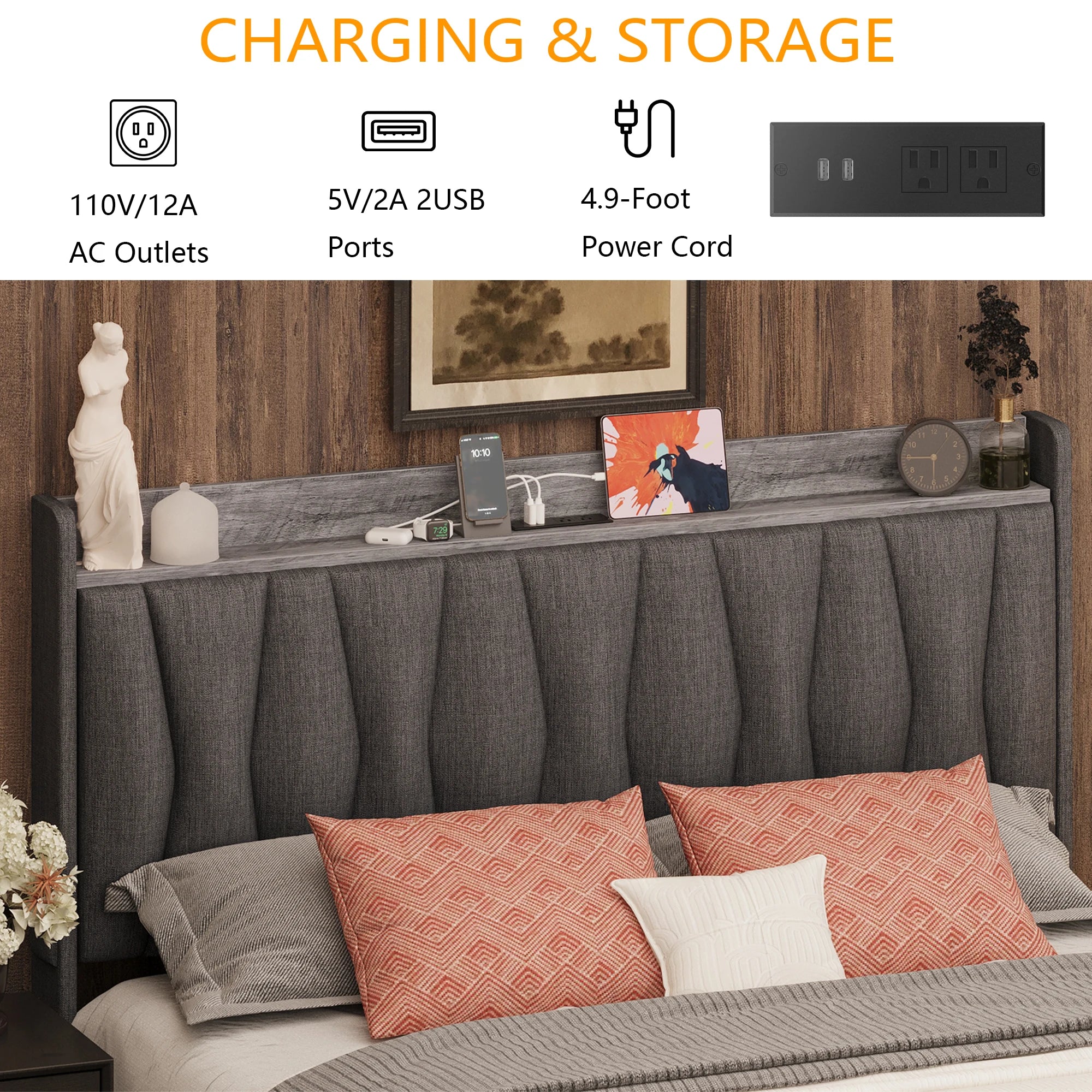 Upholstered Platform Bed Frame with 3 Storage Drawers – Storage Headboard & Charging Station